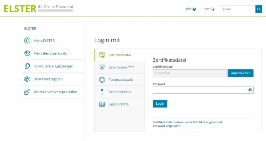 Mein ELSTER login Seite Screenshot