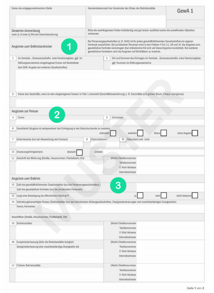 Beispiel Formular für die Gewerbeanmeldung Seite 1