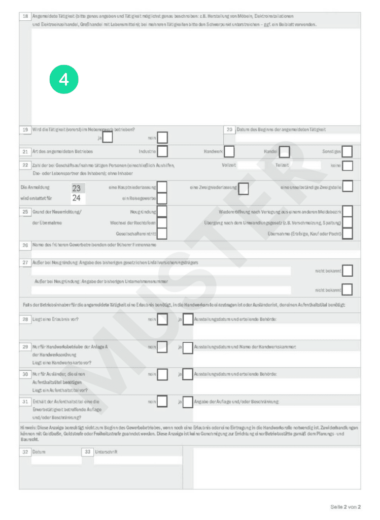 Beispiel Formular für die Gewerbeanmeldung Seite 2